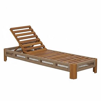 Acacia Wood Outdoor Chaise Lounge with Adjustable Backrest for Poolside, Backyard
