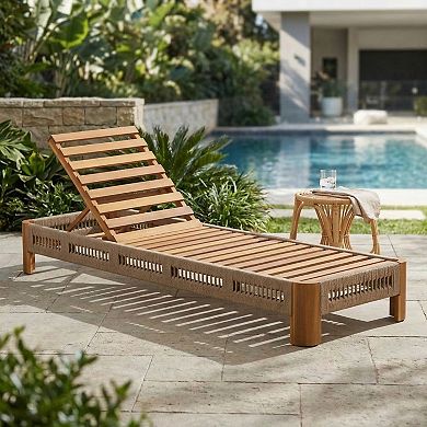 Acacia Wood Outdoor Chaise Lounge with Adjustable Backrest for Poolside, Backyard