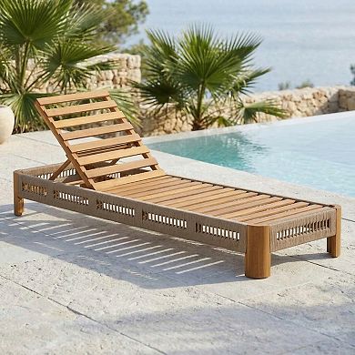 Acacia Wood Outdoor Chaise Lounge with Adjustable Backrest for Poolside, Backyard