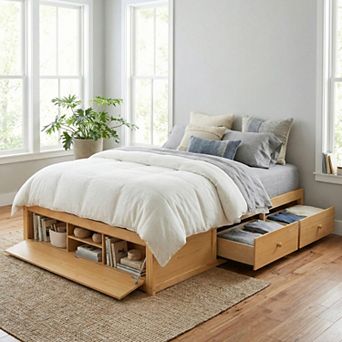 Loheer Queen Size Platform Bed Frame with 4 Storage Drawers and Hydraulic Lift Footboard Storage