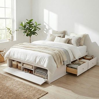 Loheer Queen Size Platform Bed Frame with 4 Storage Drawers and Hydraulic Lift Footboard Storage