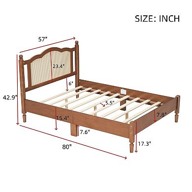 Pnronnc Wooden Platform Bed Frame with Natural Rattan Headboard for Bedroom No Box Spring Needed