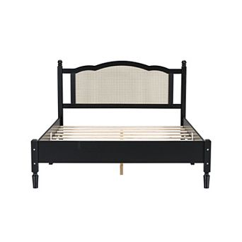 Pnronnc Wooden Platform Bed Frame with Natural Rattan Headboard for Bedroom No Box Spring Needed