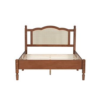 Pnronnc Wooden Platform Bed Frame with Natural Rattan Headboard for Bedroom No Box Spring Needed