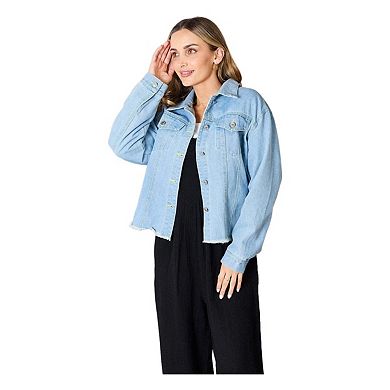 Double Take Dropped Shoulder Raw Hem Denim Jacket