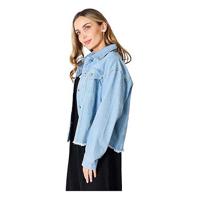 Double Take Dropped Shoulder Raw Hem Denim Jacket
