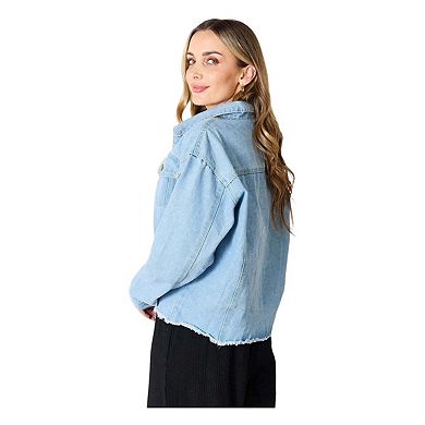 Double Take Dropped Shoulder Raw Hem Denim Jacket