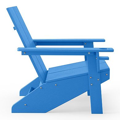 Outdoor HDPE Modern Adirondack Chair with Folding Patio Ottoman and Cup Holder