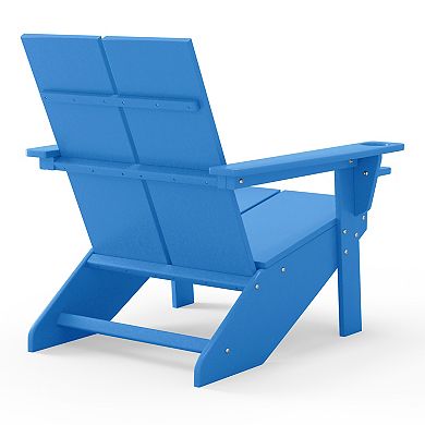 Outdoor HDPE Modern Adirondack Chair with Folding Patio Ottoman and Cup Holder