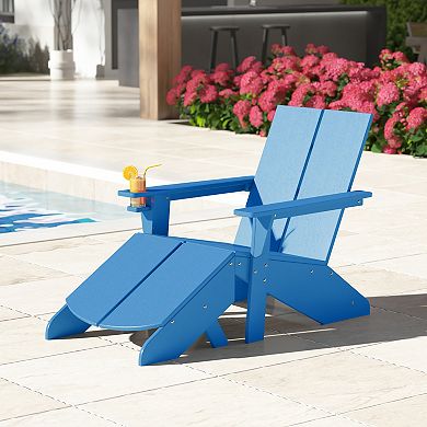 Outdoor HDPE Modern Adirondack Chair with Folding Patio Ottoman and Cup Holder