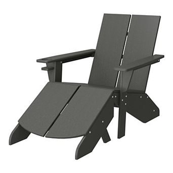 Outdoor HDPE Modern Adirondack Chair with Folding Patio Ottoman and Cup Holder