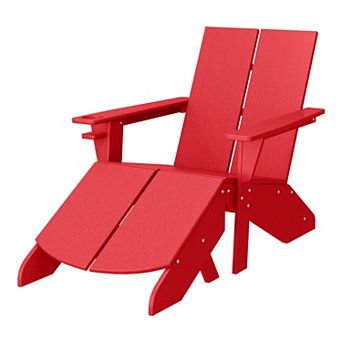 Outdoor HDPE Modern Adirondack Chair with Folding Patio Ottoman and Cup Holder