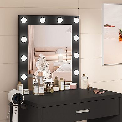 Small Makeup Vanity Desk with Lighted Mirror & Hair Dryer Rack, Brightness Adjustable for Girls