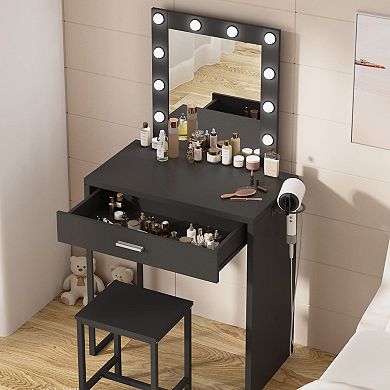 Small Makeup Vanity Desk with Lighted Mirror & Hair Dryer Rack, Brightness Adjustable for Girls