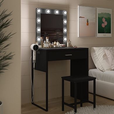 Small Makeup Vanity Desk with Lighted Mirror & Hair Dryer Rack, Brightness Adjustable for Girls