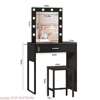 Small Makeup Vanity Desk with Lighted Mirror & Hair Dryer Rack, Brightness Adjustable for Girls