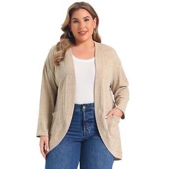 Women's Plus Size Open Front Cardigan Long Sleeve Casual Ribbed Knit Cardigans Sweaters with Pockets