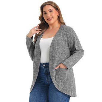 Women's Plus Size Open Front Cardigan Long Sleeve Casual Ribbed Knit Cardigans Sweaters with Pockets