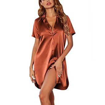 Ekouaer Satin Womens Nightgown Button Front Sleep Shirt V Neck Sleep Wear Short Sleeve Nightshirts