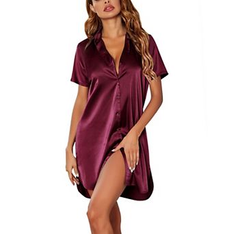 Ekouaer Satin Womens Nightgown Button Front Sleep Shirt V Neck Sleep Wear Short Sleeve Nightshirts