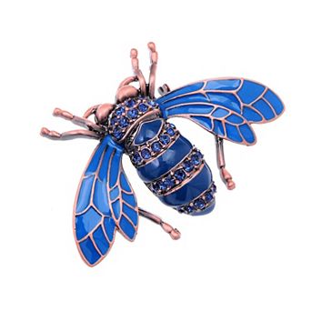 Rose Copper Tone Sapphire Blue Silver Colored Rhinestones Beetle Bee Brooch Pin