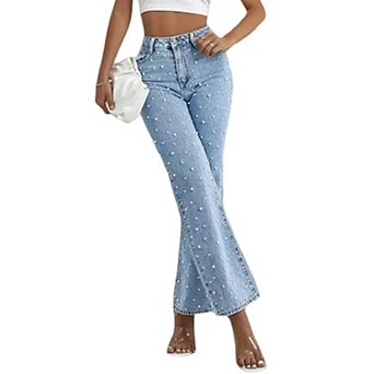 Women's High Waisted Flared Jeans Pearl Embellished Bootcut Denim Pants