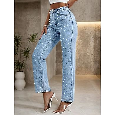 Women's High Waisted Flared Jeans Pearl Embellished Bootcut Denim Pants