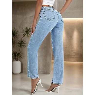 Women's High Waisted Flared Jeans Pearl Embellished Bootcut Denim Pants