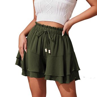 Womens Double Layer Ruffled Skirt Pants Wide Leg Elastic Waistband Lightweight Comfy Vacation Wear