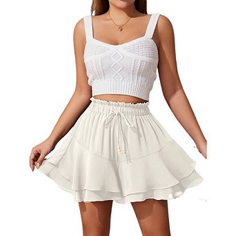Womens Double Layer Ruffled Skirt Pants Wide Leg Elastic Waistband Lightweight Comfy Vacation Wear