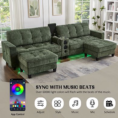 Pnronnc U Shaped Sectional Sofa with Bluetooth Speakers, LED Lights and Storage Ottomans
