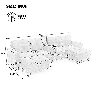 Pnronnc U Shaped Sectional Sofa with Bluetooth Speakers, LED Lights and Storage Ottomans