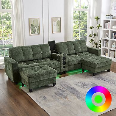Pnronnc U Shaped Sectional Sofa with Bluetooth Speakers, LED Lights and Storage Ottomans