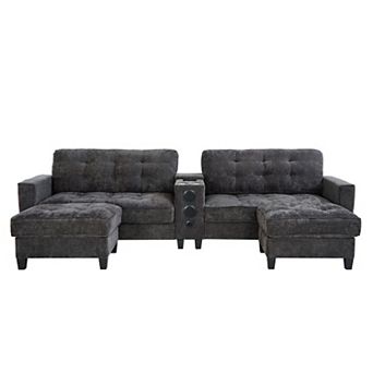 Pnronnc U Shaped Sectional Sofa with Bluetooth Speakers, LED Lights and Storage Ottomans