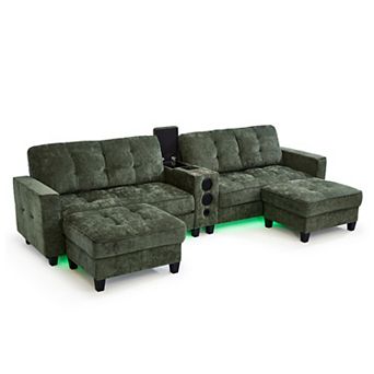 Pnronnc U Shaped Sectional Sofa with Bluetooth Speakers, LED Lights and Storage Ottomans