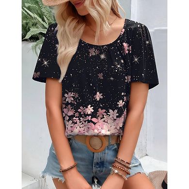 Zeagoo Women's Short Sleeve Pleated Crewneck Boho Blouses Relaxed Fit Floral Tops