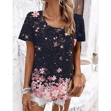 Zeagoo Women's Short Sleeve Pleated Crewneck Boho Blouses Relaxed Fit Floral Tops