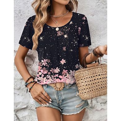 Zeagoo Women's Short Sleeve Pleated Crewneck Boho Blouses Relaxed Fit Floral Tops