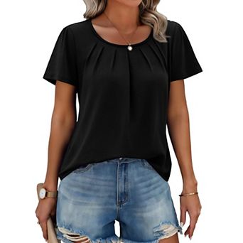 Zeagoo Women's Short Sleeve Pleated Crewneck Boho Blouses Relaxed Fit Floral Tops