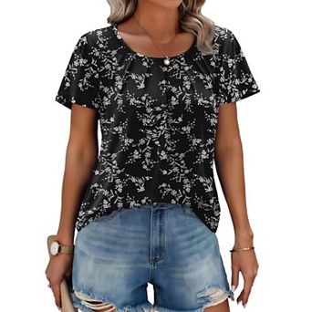 Zeagoo Women's Short Sleeve Pleated Crewneck Boho Blouses Relaxed Fit Floral Tops