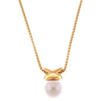 Gold Tone Pendant Fashion Style Necklace with Faux Pearl Drop and X Charm