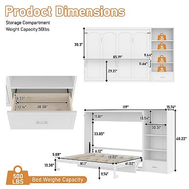 Pnronnc Queen Size Murphy Bed with Storage Compartments Drawer Foldable Wall Bed Frame Space Saving