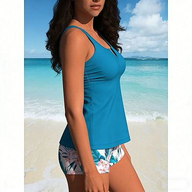 Women's 2-Piece Tankini Set - Notch Neck Blouson Top with Floral Print Boyshorts