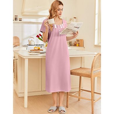 Ekouaer Women's Cotton Short-Sleeve Button-Front Lace-Trim Maxi Nightgown