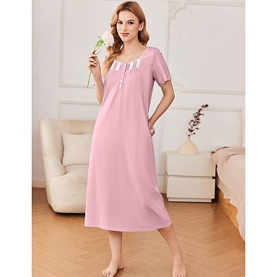 Ekouaer Women's Cotton Short-Sleeve Button-Front Lace-Trim Maxi Nightgown