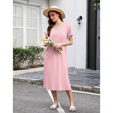 Ekouaer Women's Cotton Short-Sleeve Button-Front Lace-Trim Maxi Nightgown