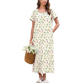 Ekouaer Women's Cotton Short-Sleeve Button-Front Lace-Trim Maxi Nightgown