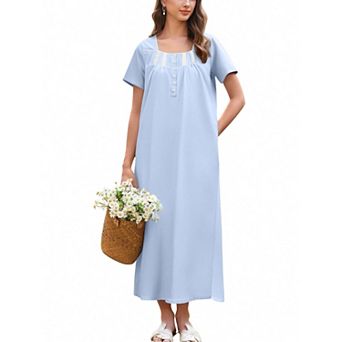 Ekouaer Women's Cotton Short-Sleeve Button-Front Lace-Trim Maxi Nightgown
