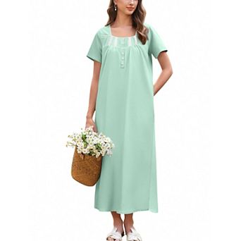 Ekouaer Women's Cotton Short-Sleeve Button-Front Lace-Trim Maxi Nightgown