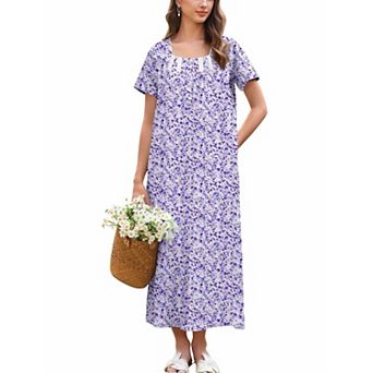 Ekouaer Women's Cotton Short-Sleeve Button-Front Lace-Trim Maxi Nightgown